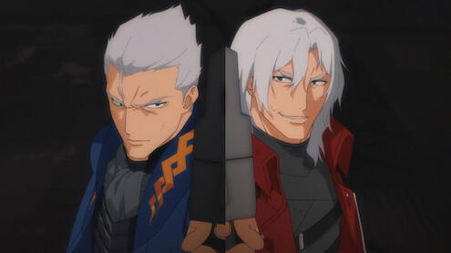 Two white-haired anime men stand back to back, one in blue and one in red, with a large sword between them. The background is dark, giving the scene an intense and dramatic atmosphere.