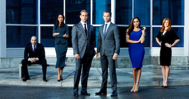 Rick Hoffman as Louis Litt, Gina Torres as Jessica Pearson, Gabriel Macht as Harvey Specter, Patrick J. Adams as Mike Ross, Meghan Markle as Rachel Zane, Sarah Rafferty as Donna Paulsen in Suits.
