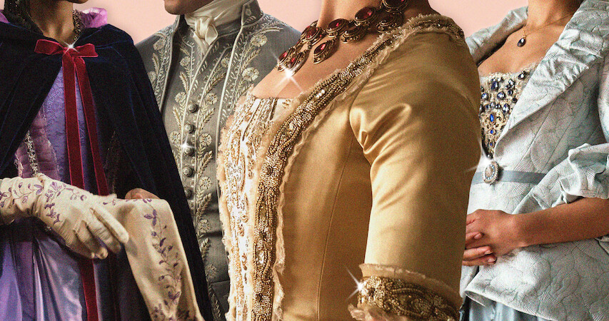 Close-up image of four costumes from Queen Charlotte