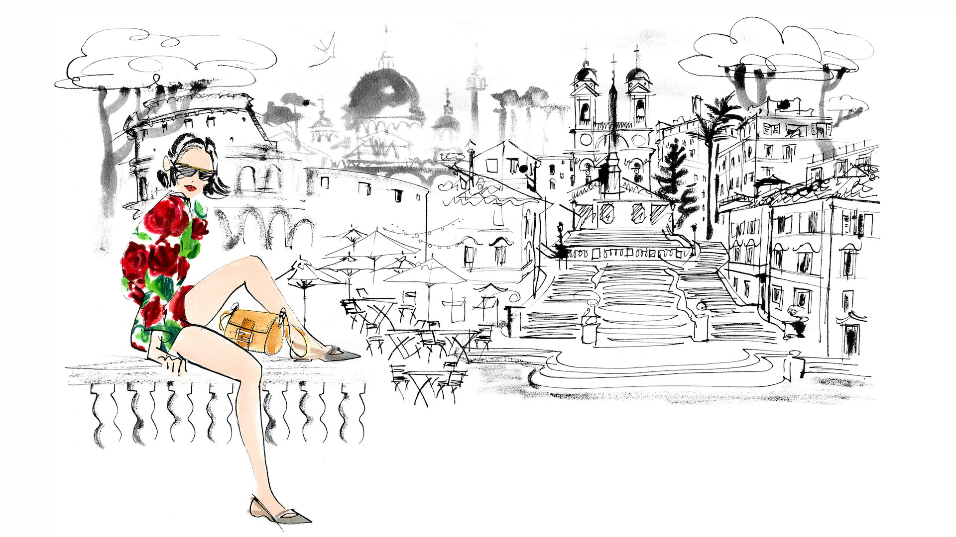 An illustration of Emily Cooper sitting on a carved stone ledge with the streets of Rome behind her, wearing the fabulous floral short and blouse set and fake Fendi Baguette purse that the marketing maven wore to meet the team at Fendi in Season 3 of Emily in Paris.