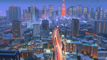 Production design sketch of Ken Sato as Ultraman (Christopher Sean) and Baby Emi in the streets of Tokyo by Ryo Yambe.