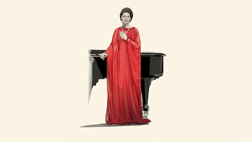 A sketch of Angelina Jolie as Maria Callas. She wears a red dress and stands by a black piano looking downright regal.