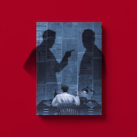 An illustrated faux book cover with a person sits at a desk in a dimly lit room, facing a wall covered in newspaper articles, with two large shadows of people looming behind, one pointing accusingly. The book sits on a red background.