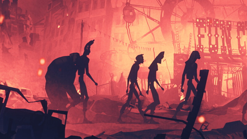 Key art for the episode "400 Boys" in 'Love, Death + Robots' Volume 4 featuring silhouetted figures walking with a burning ferris wheel behind them.