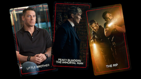 Three TV show cards: a man sitting in a casual shirt for "Little Brother," a man in a suit and hat in a dark hallway for "Peaky Blinders: The Immortal Man," and two armed men with flashlights for "The Rip."