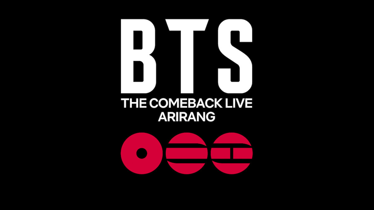 BTS The Comeback Live Arirang promotional graphic with bold white text on black background and three red abstract symbols at the bottom.