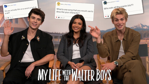 Cast of 'My Life with the Walter Boys' answering fan questions during an interview with social media tweets displayed above them.