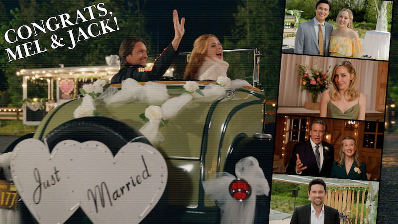 Mel (Alexandra Breckenridge) and Jack (Martin Henderson) driving away after their wedding reception. On the right, there's a film roll layout of different wedding guests including Denny, Lizzie, Brie, Doc, Hope, and Brady.