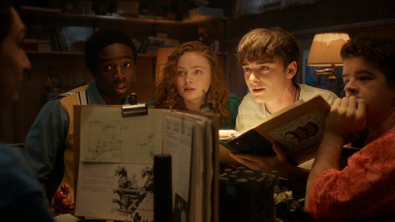Finn Wolfhard as Mike, Caleb McLaughlin as Lucas, Sadie Sink as Max, Noah Schnapp as Will, and Gaten Matarazzo as Dustin in 'Stranger Things 5'