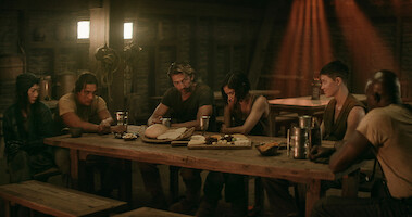 Doona Bae as Nemesis, Staz Nair as Tarak, Michiel Huisman as Gunnar, Sofia Boutella as Kora, Elise Duffy as Milius, and Djimon Hounsou as General Titus in 'Rebel Moon — Part Two: The Scargiver'