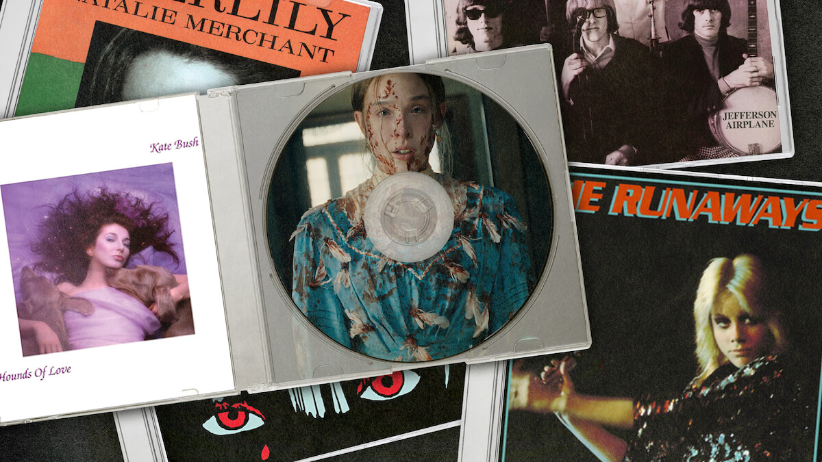 Colagem de capas de álbuns musicais sobre uma superfície plana, incluindo álbuns de Kate Bush, The Runaways, Natalie Merchant e Jefferson Airplane. No centro, uma caixa de CD com a foto de uma mulher com vestido floral e sangue no rosto. 