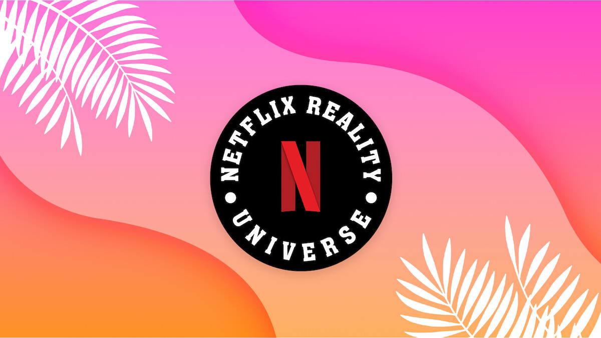 Graphic with wavy lines in pink and orange with Netflix Reality Universe logo in the center.