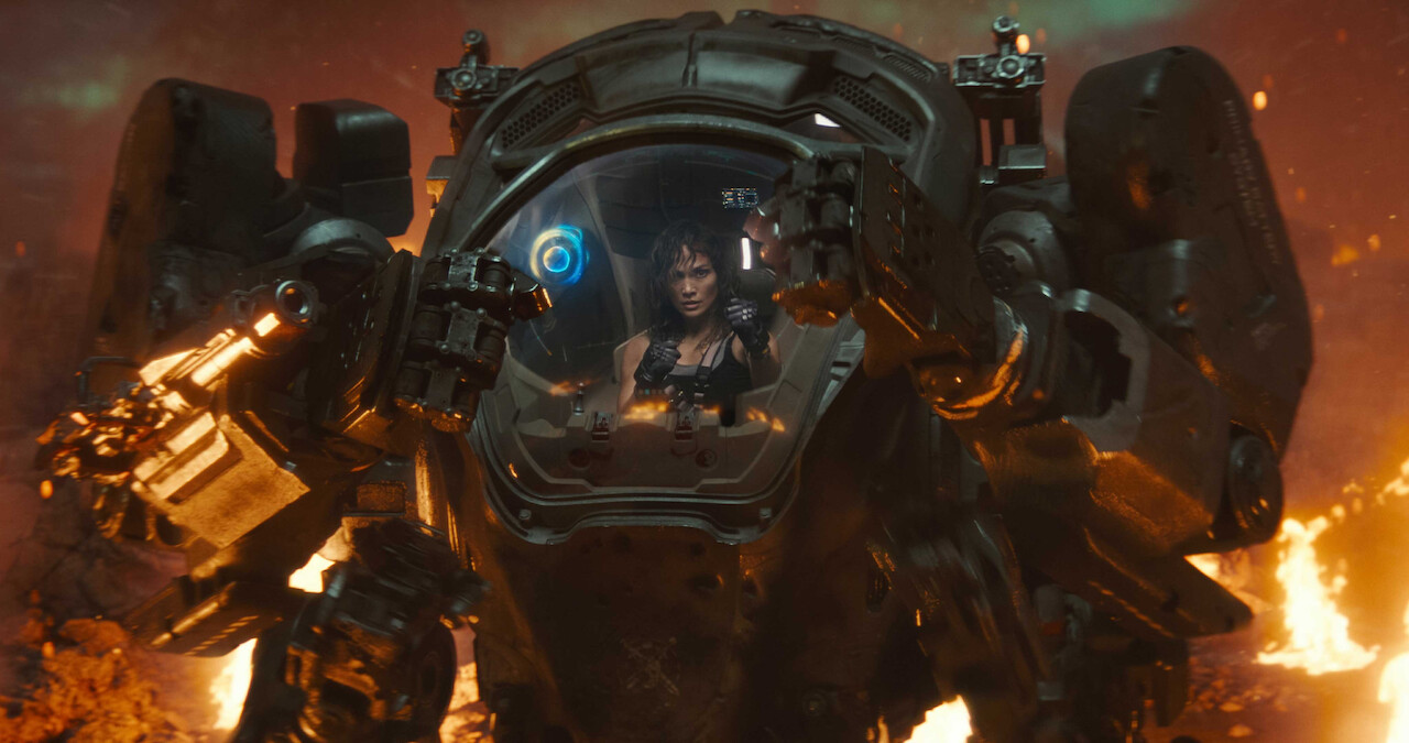 Jennifer Lopez as Atlas Shepherd controls an ARC mech in 'Atlas.'