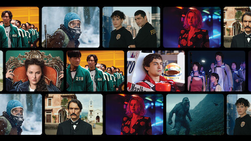 Staggered grid of photography from upcoming international Netflix shows and films.