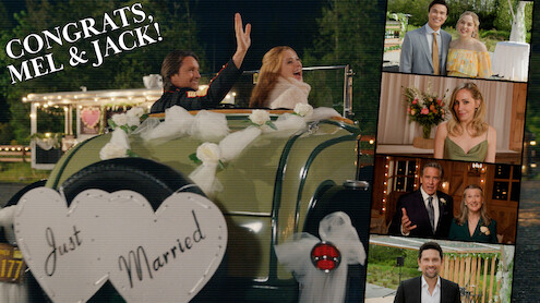 Mel (Alexandra Breckenridge) and Jack (Martin Henderson) driving away after their wedding reception. On the right, there's a film roll layout of different wedding guests including Denny, Lizzie, Brie, Doc, Hope, and Brady.