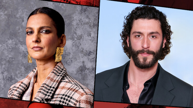 Two people, a woman in patterned clothing with gold earrings against a textured gray background and a man with curly hair and beard in a dark suit against a light blue background, shown in a split image portrait style.