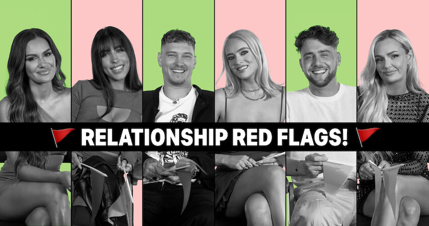 Jess, Alara, Stevan, Elys, Harry, and Micah sitting with the text "Relationship Red Flags" in front of them.