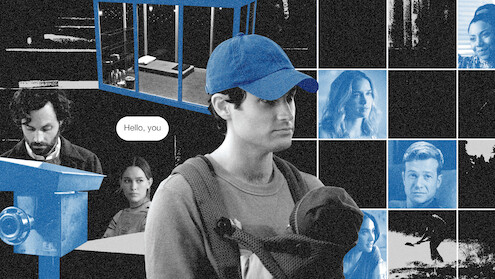 Collage of Penn Badgley as Joe Goldberg featuring various characters, props, and sets from You
