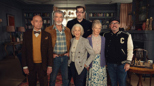 Sir Ben Kingsley as Ibrahim Arif, Pierce Brosnan as Ron Ritchie, Author Richard Osman, Helen Mirren as Elizabeth Best, Celia Imrie as Joyce Meadowcroft & Director Chris Columbus behind the scenes of 'The Thursday Murder Club'