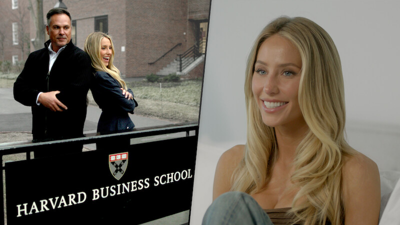 Alix Earle and Thomas “TJ” Earle infront of Harvard Business School logo with still of Alix Earle solo.