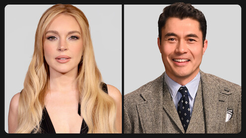 Imagens de Lindsay Lohan e Henry Golding juntos em uma montagem