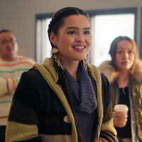 Mary Lynn Rajskub as Helen, Bailey Poching as Colin, Anna Lambe as Siaja, Maika Harper as Neevee in episode 108 of 'North of North'