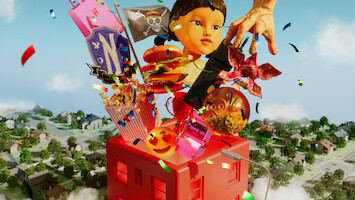 Illustration of motifs from Netflix titles, like 'Squid Game' and 'Wednesday'