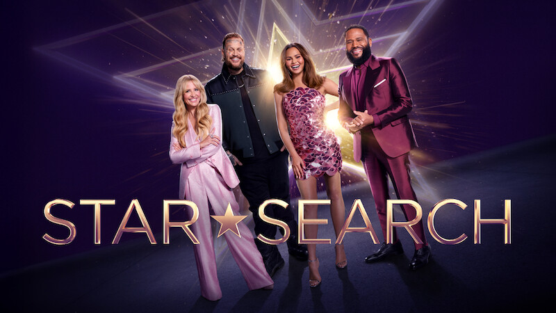 Sarah Michelle Gellar, Jelly Roll, Chrissy Teigen and Anthony Anderson stand smiling in front of a glowing star backdrop on a purple stage, with the text "Star Search" in gold at the bottom.