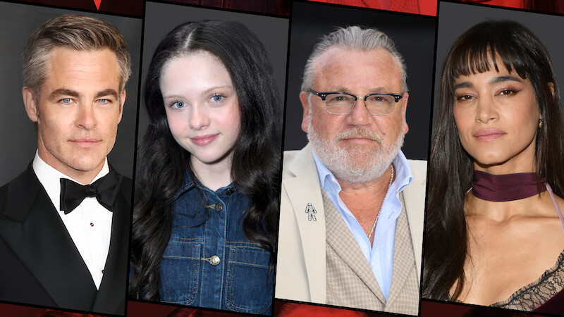 Headshots of Chris Pine, Iona Bell, Ray Winstone, and Sofia Boutella.