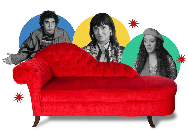 Montagem com um sofá vermelho em primeiro plano e, no plano de fundo, um menino e duas mulheres aparecem dentro de círculos coloridos
