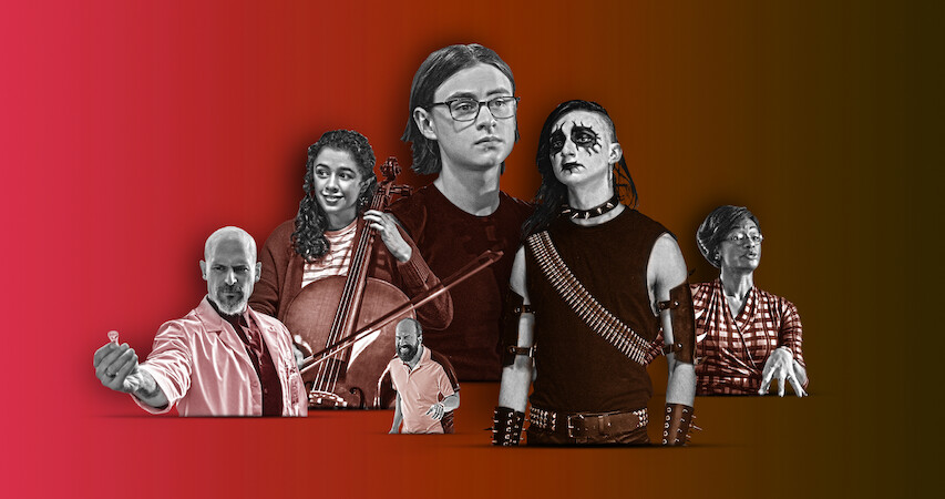 An illustration collage of all the actors in 'Metal Lords'