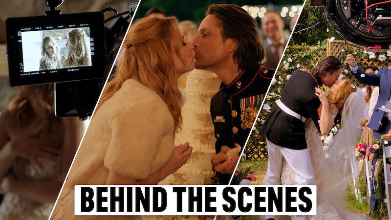 From left to right, a triptych of a camera monitor filming Jenny Cooper and Alexandra Breckenridge on set, Jack and Mel kissing in front of their wedding cake, and Jack and Mel embracing after the ceremony.