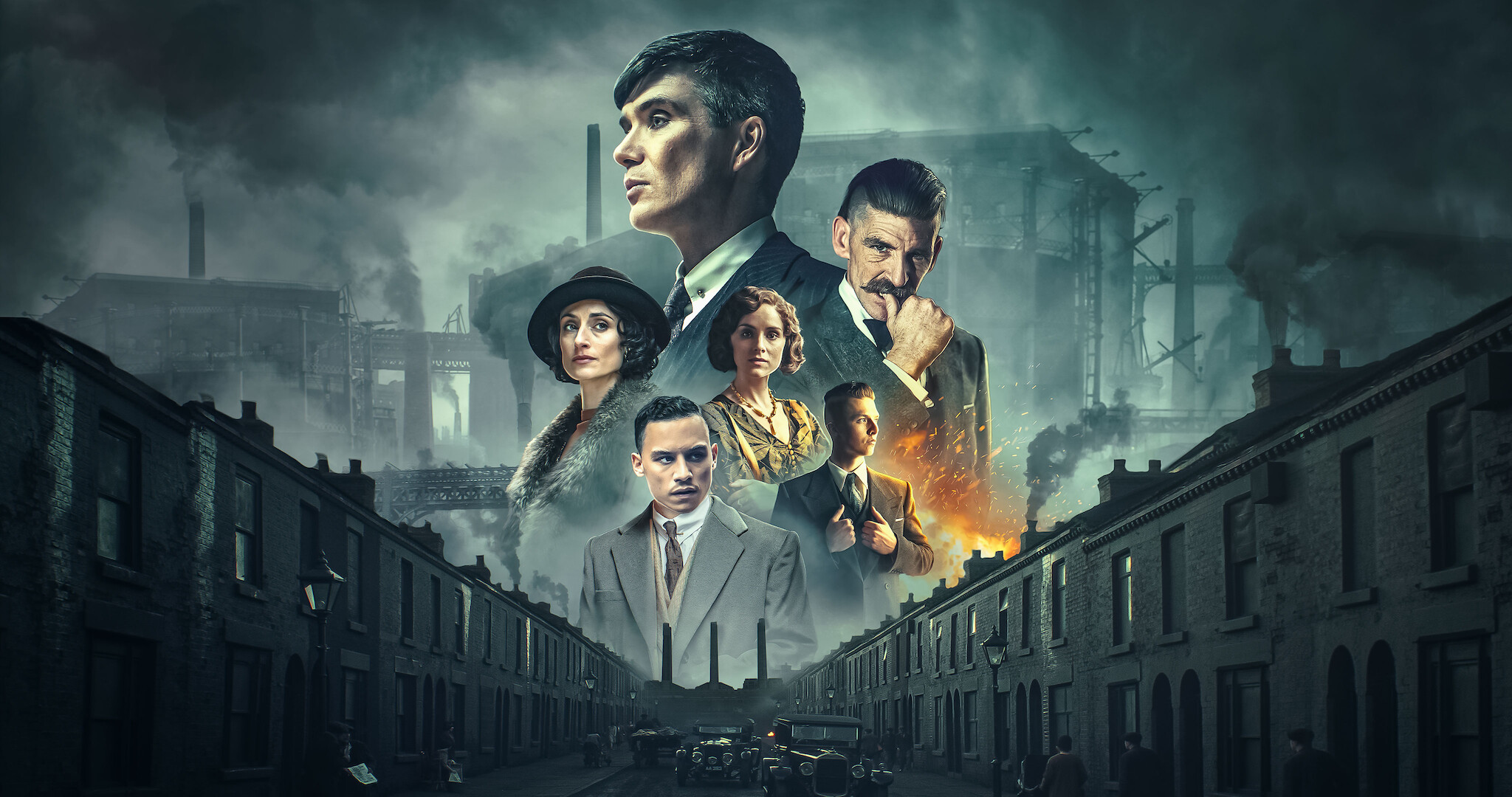 Key art for Peaky Blinders featuring all the main Shelby characters