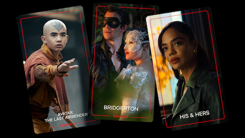 Three cards showing: a bald character in action from "Avatar: The Last Airbender," a masked couple in period costumes from "Bridgerton," and a woman in an office setting from "His & Hers," all with dramatic lighting.
