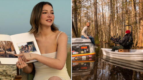 Yearbook: Madelyn Cline holding up book next to image of her on set during production (on top of a submerged car with camera crew)