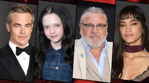 Headshots of Chris Pine, Iona Bell, Ray Winstone, and Sofia Boutella.