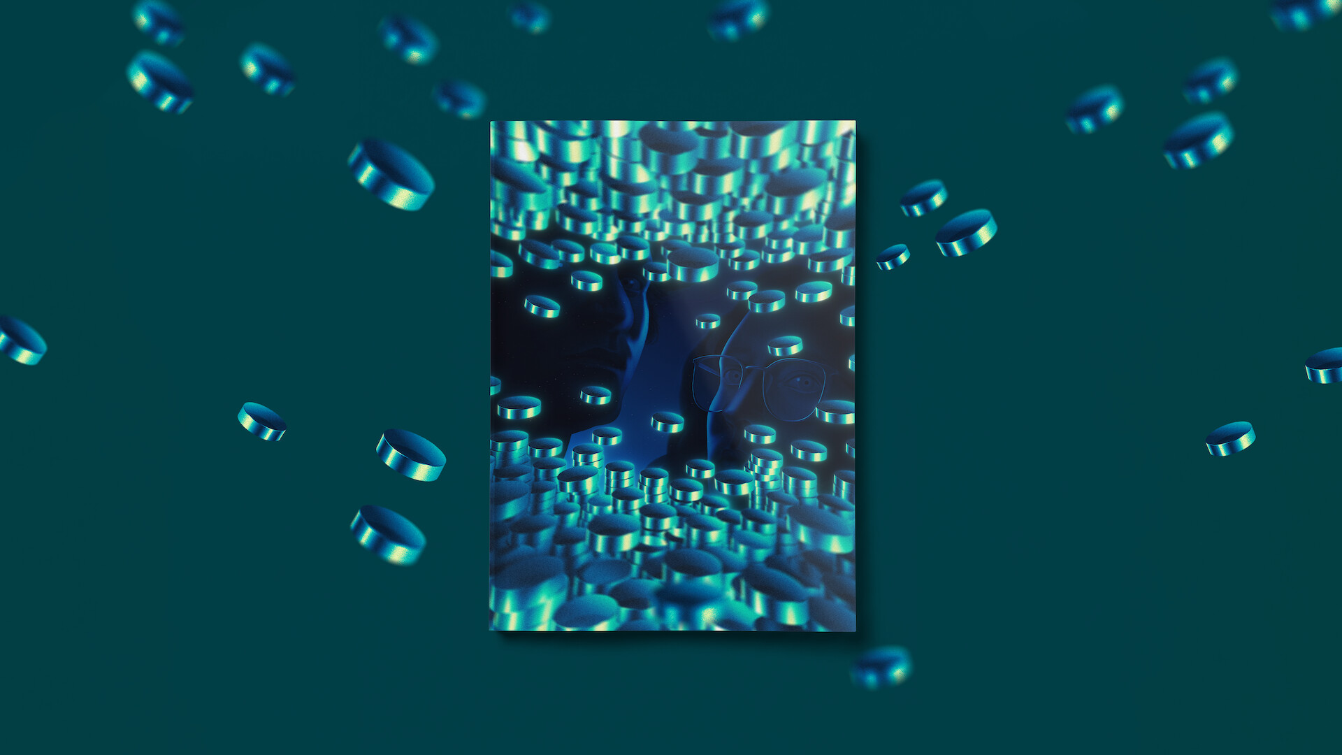 A digital image shows floating blue discs in a futuristic, teal environment. The central subject is a rectangular object featuring more blue discs, with a subtle abstract human face in the background, creating a sci-fi atmosphere.