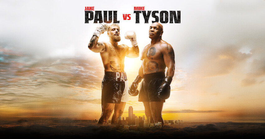 Jake Paul and Mike Tyson standing tall above a cityscape