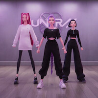 Three animated women posing in a modern dance studio with wooden floors, gray walls, professional lighting, and gear cases visible, standing under bright lights.
