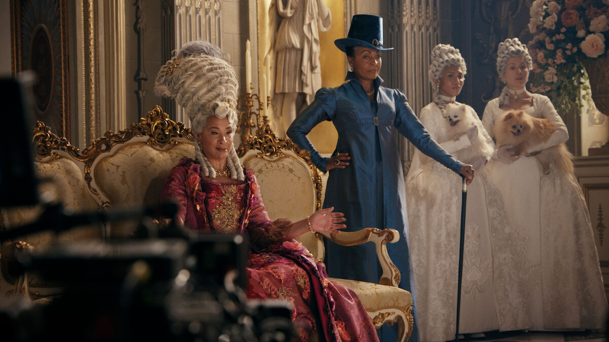 Golda Rosheuvel as Queen Charlotte and Adjoa Andoh as Lady Danbury behind the scenes in 'Bridgerton' Season 4.