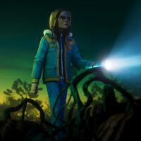 Animated girl in blue coat explores a dark, eerie forest at dusk, shining a flashlight over tangled roots or vines. The atmosphere is mysterious and tense, hinting at adventure or suspense in a wild natural environment.