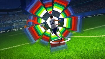 Soccer player in white jersey taking a shot on goal in a stadium, with colorful digital graphics showing trajectory and power settings, crowd and banners visible in the background.