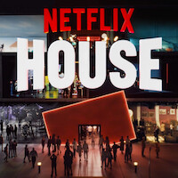Crowds walk outside a modern, vibrant building labeled "Netflix House," with colorful rooms inside inspired by different Netflix shows.