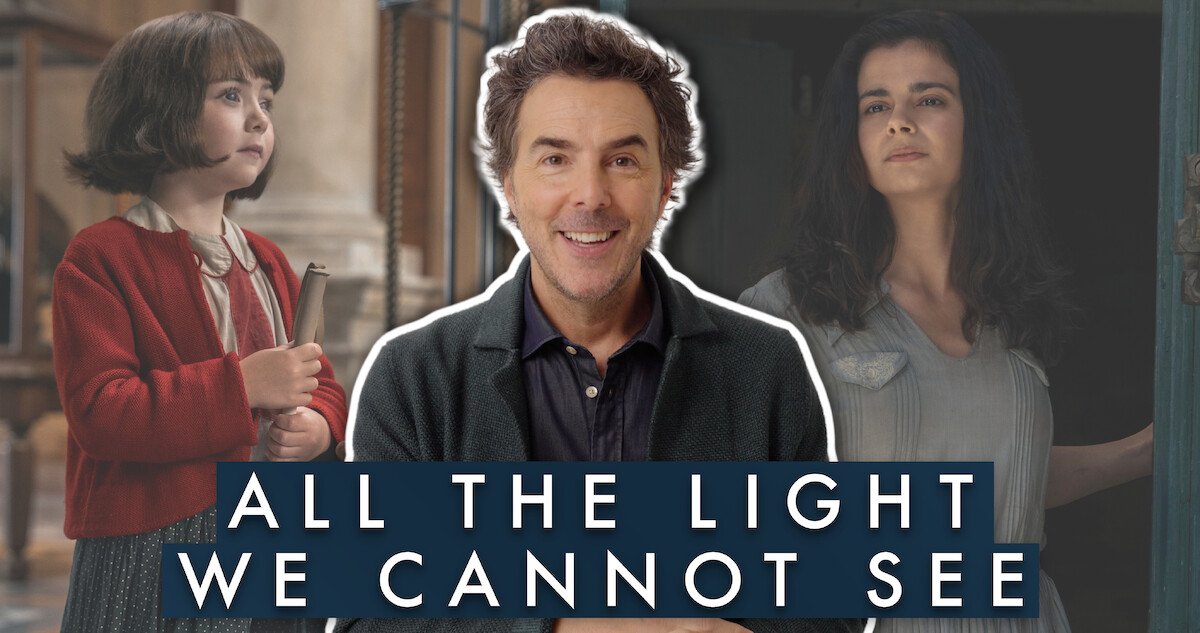 Headshot of director Shawn Levy is placed infront of two images of the Marie-Laure Leblanc characters from the series 'All the Light We Cannot See"