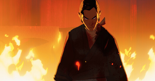 Mizu with flames in background in Blue Eye Samurai.