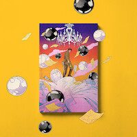 Illustrated book cover with a person standing on a fallen statue pierced by arrows, floating black and white orbs, scattered papers, chandelier above, set against a vivid orange, pink, and purple sky on a yellow background.
