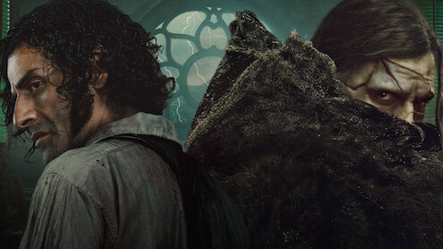 Two men stand back to back in a dark, gothic room with a large window and stormy light outside. One looks defiant, the other wears a cloak and looks intense. The mood is tense and mysterious.