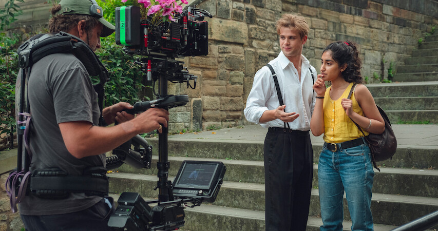 Emma Morley (Ambika Mod) and Dexter Mayhew (Leo Woodall) behind-the-scenes of 'One Day'.