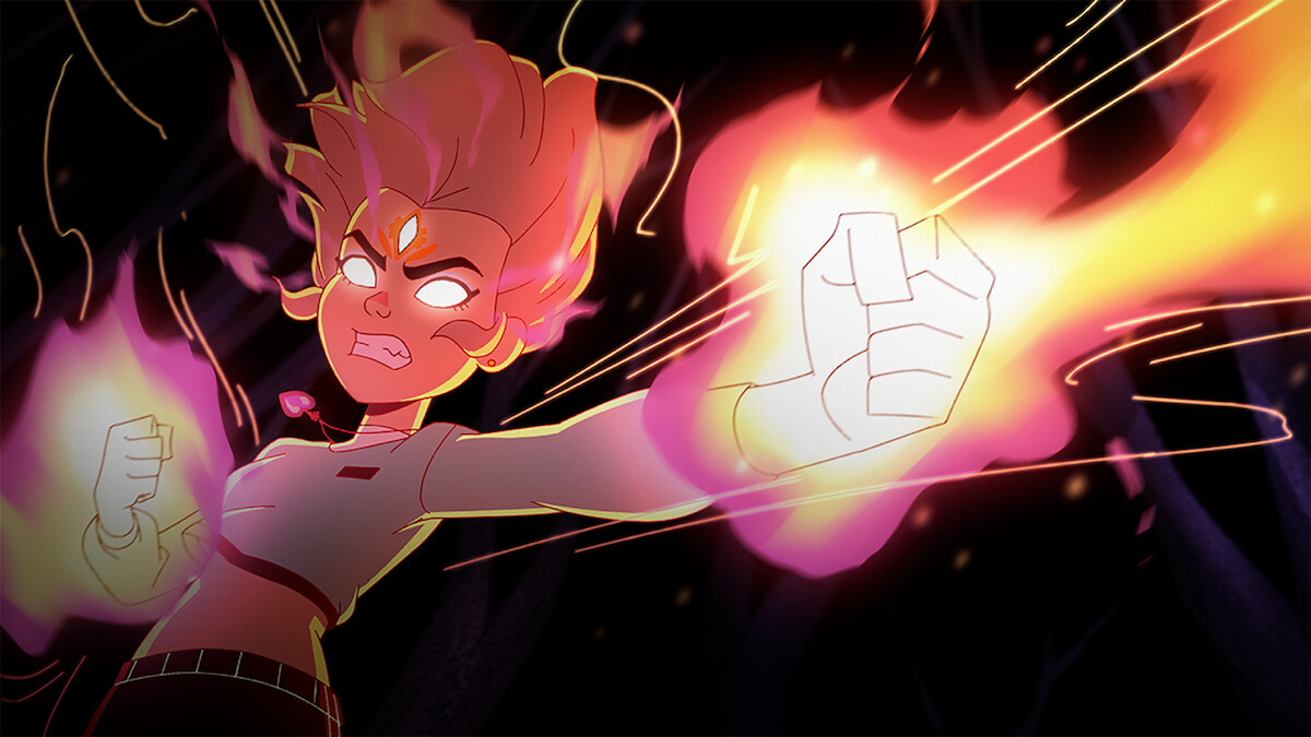 An animated woman glowing with fiery colors and her eyes glowing white draws back a fist in a punching motion in Season 1 of 'Jentry Chau vs the Underworld.'