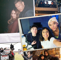 Behind-the-scenes photo collage of the cast of 'The Umbrella Academy' series. 